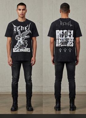 Rebel Vengeance Graphic Tee Shirt Mens 2XL Black Studded Angel Y2K Punk Grunge⁠